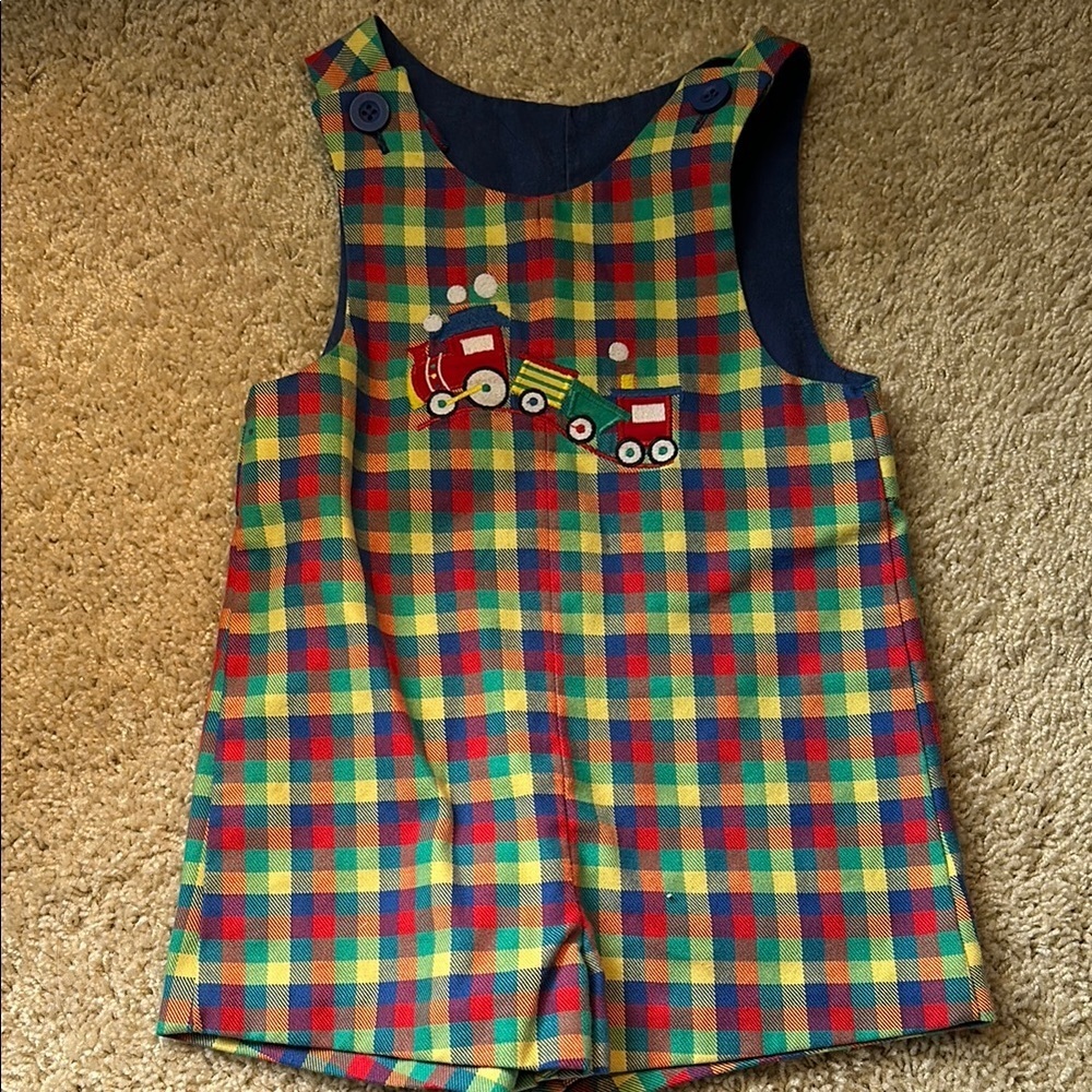 Vintage Colorful Plaid Toddler Overalls with Train Design